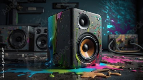 A speaker with a splash of colorful bright paint on the background of other speakers . Abstraction. AI generated