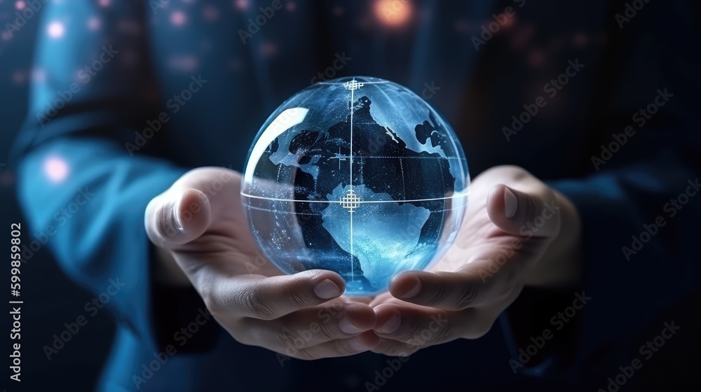 A man in a suit holds a hologram of the planet Earth. Neural network concept. Generative ai A man in a suit holds a hologram of the planet Earth. Neural network concept. Generative ai