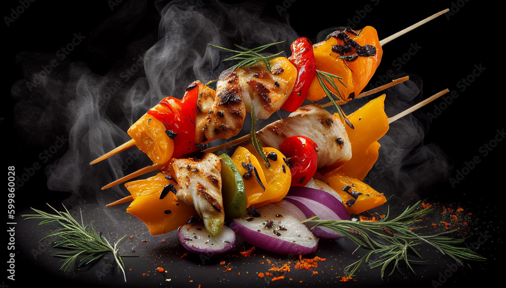 Tantalizing chicken skewers sweet peppers and delicious dill slices, Generative AI