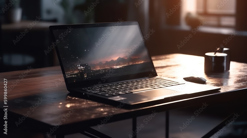 Fototapeta premium Laptop with abstract wallpaper on the working place in the office. Corporate business, internet information technology, or freelance job working at home concept. AI generated