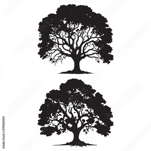 set of Banyan trees silhouettes. Big tree black silhouette