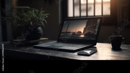 Laptop with abstract wallpaper on the working place in the office. Corporate business, internet information technology, or freelance job working at home concept. AI generated