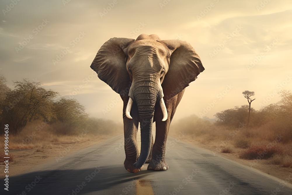 Elephant walking down the road