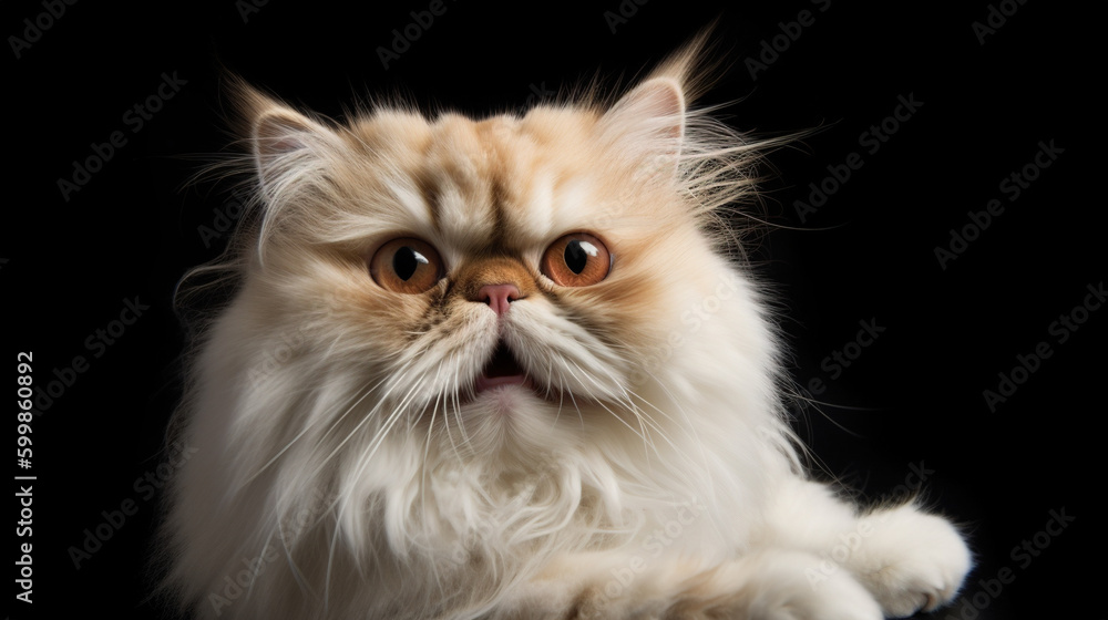 A Persian cat taking a selfie with the camera while meowing and smiling at the same time with the blurred background in the back