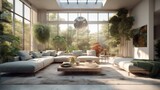 Modern interior design, in a spacious room. Bright, spacious room with a comfortable sofa, plants and elegant accessories. Luxury villa with sunlight streaming. Generative ai