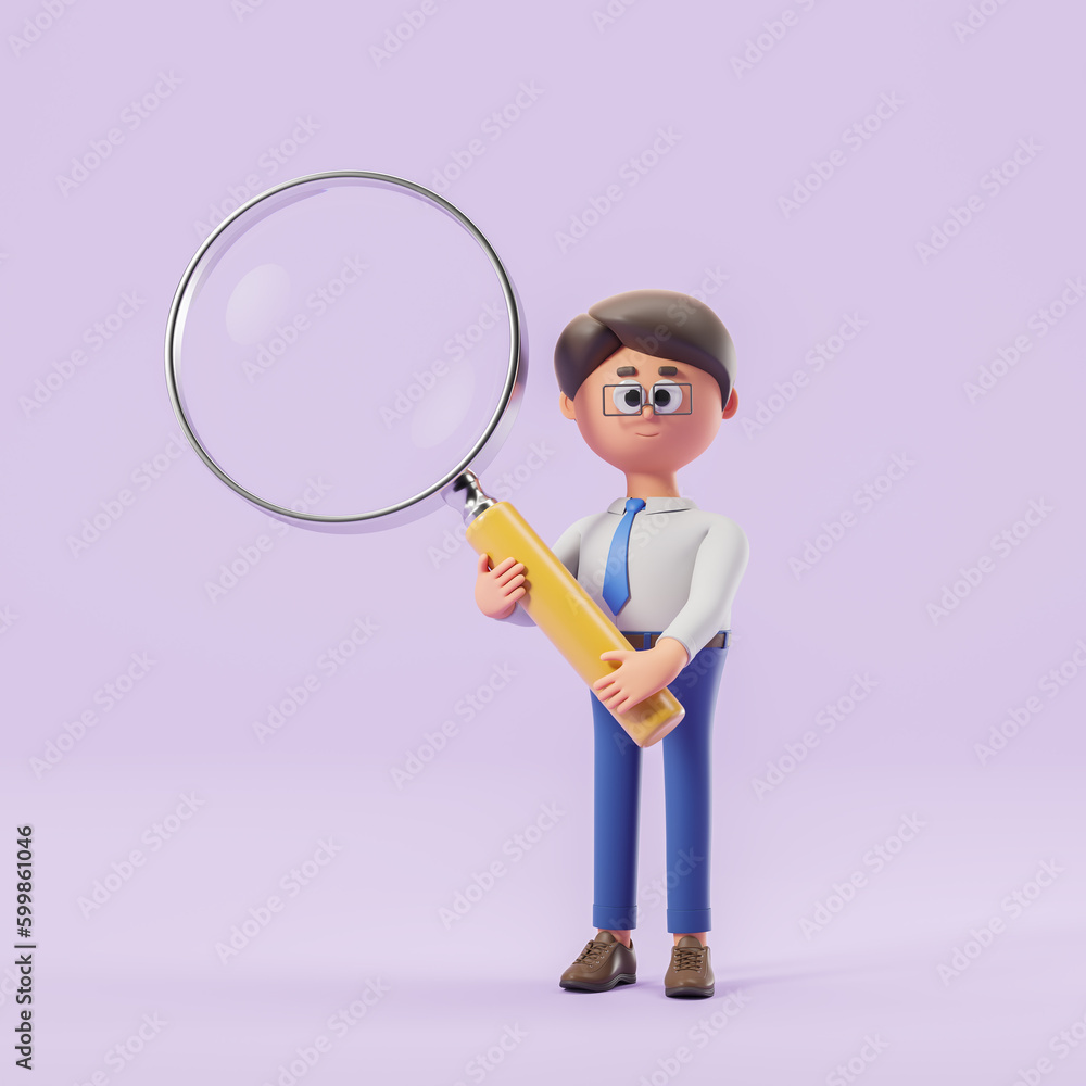Businessman with big magnifying glass over purple Businessman with big magnifying glass over purple