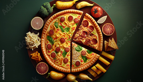 A pizza surrounded by different ingredients including a variety of different foods, Generative AI