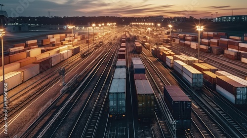 Transportation of containers on the railway in the night city, evening city. Business concept, cargo transportation. Transport logistics. AI generated