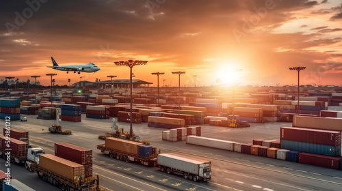 Transportation of containers on the road in the evening city, a plane in the sky. Business concept, cargo transportation. Transport logistics. AI generated