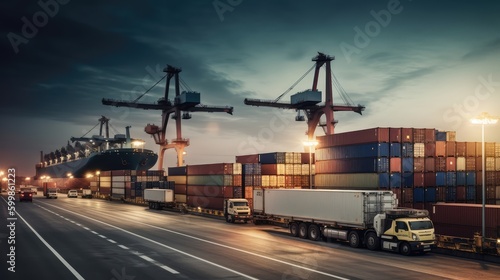 Transportation of containers on the road. Cranes and ship. Business concept  cargo transportation. Transport logistics. AI generated