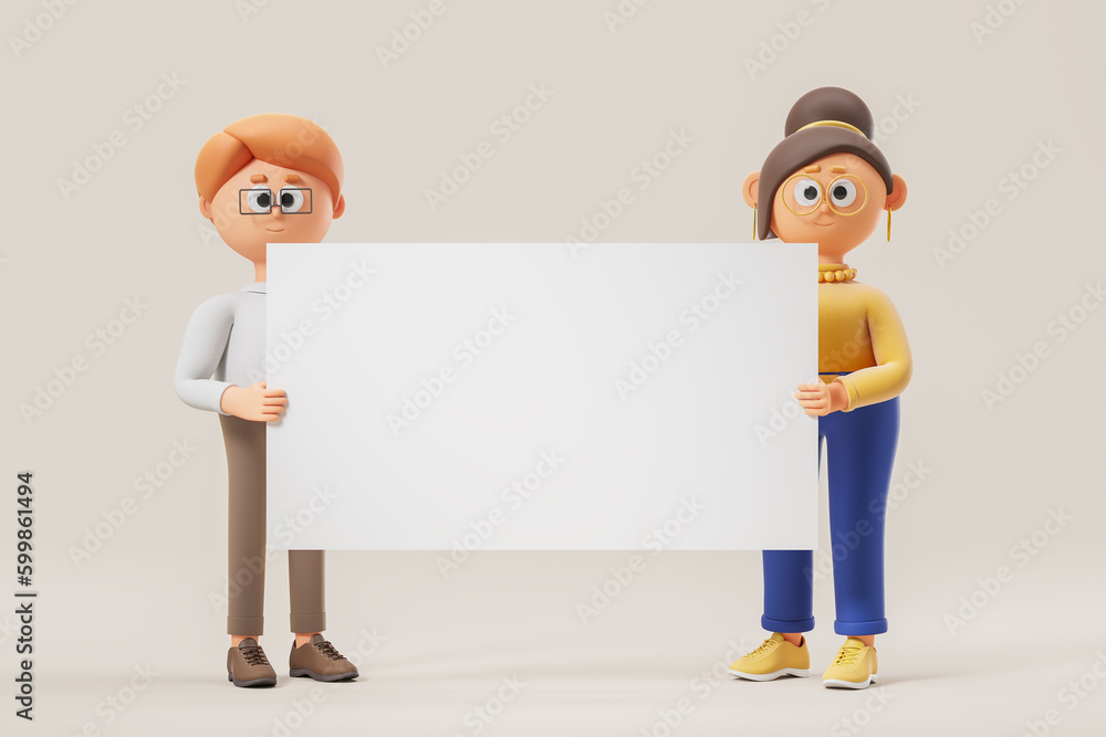 3d rendering. Cartoon people holding a mock up canvas on beige background 3d rendering. Cartoon people holding a mock up canvas on beige background