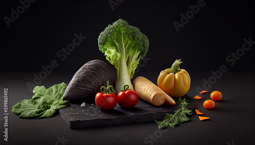 A variety of vegetables are on a black table  Generative AI