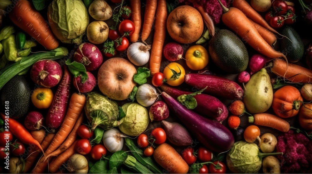 Food background with assortment of fresh organic vegetables. Vegetable background, top view. AI generated Food background with assortment of fresh organic vegetables. Vegetable background, top view. AI generated