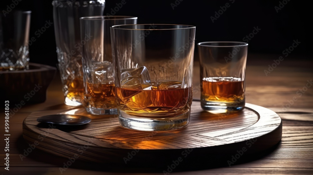 Glasses of whiskey with ice on a wooden tray on a black background. Alcoholic beverage. AI generated Glasses of whiskey with ice on a wooden tray on a black background. Alcoholic beverage. AI generated