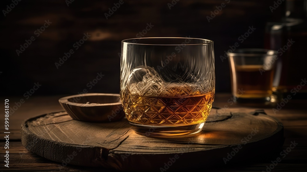 Whiskey in a glass with ice on a black background. Alcoholic beverage. AI generated Whiskey in a glass with ice on a black background. Alcoholic beverage. AI generated