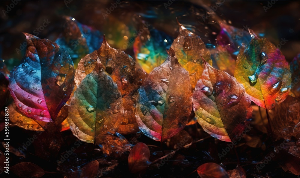 a group of colorful leaves sitting on top of a pile of leaves. generative ai a group of colorful leaves sitting on top of a pile of leaves. generative ai