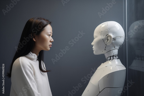 Person looking at a robotic Artificial intelligence version of themselves. Deep fake. Generative ai