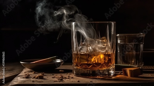 Whiskey in a glass with ice on a black background. Alcoholic beverage. AI generated