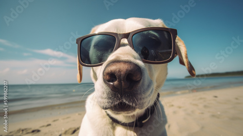 Picture of a dog taking a selfie with sunglasses with a blurred background behind him