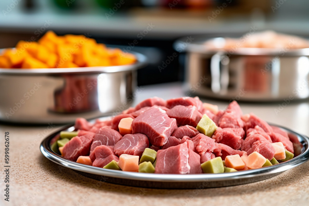 Dog food on plate, meat and vegetables. Generative AI Dog food on plate, meat and vegetables. Generative AI
