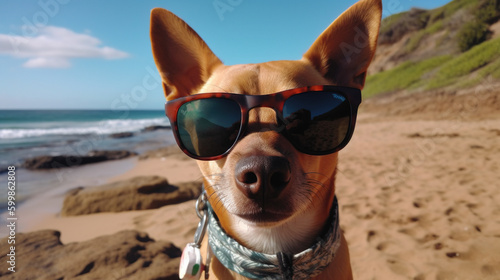 Picture of a dog taking a selfie with sunglasses with a blurred background behind him