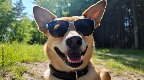 Picture of a dog taking a selfie with sunglasses with a blurred background behind him © MXTC