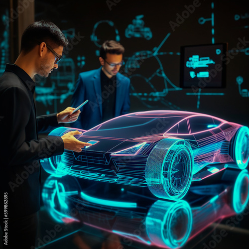 Car design engineers using holographic app in digital