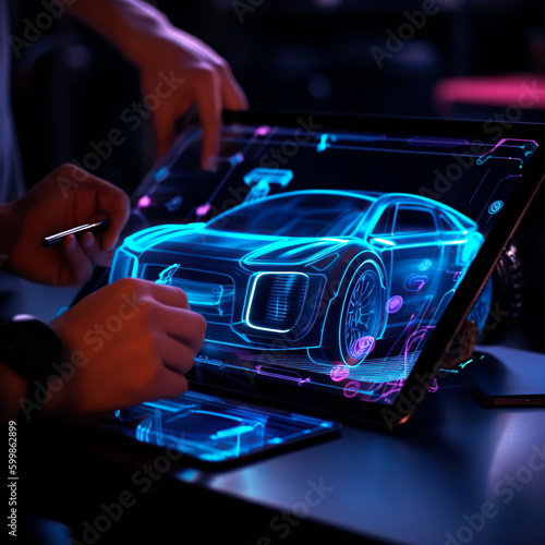 Car design engineers using holographic app in digital. AI generated