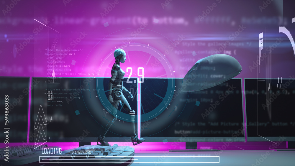 Obraz premium 3d illustration of female robot humanoid walking on keyboards with computer mouse fly over and monitors in background optical flare and data analyse graphic