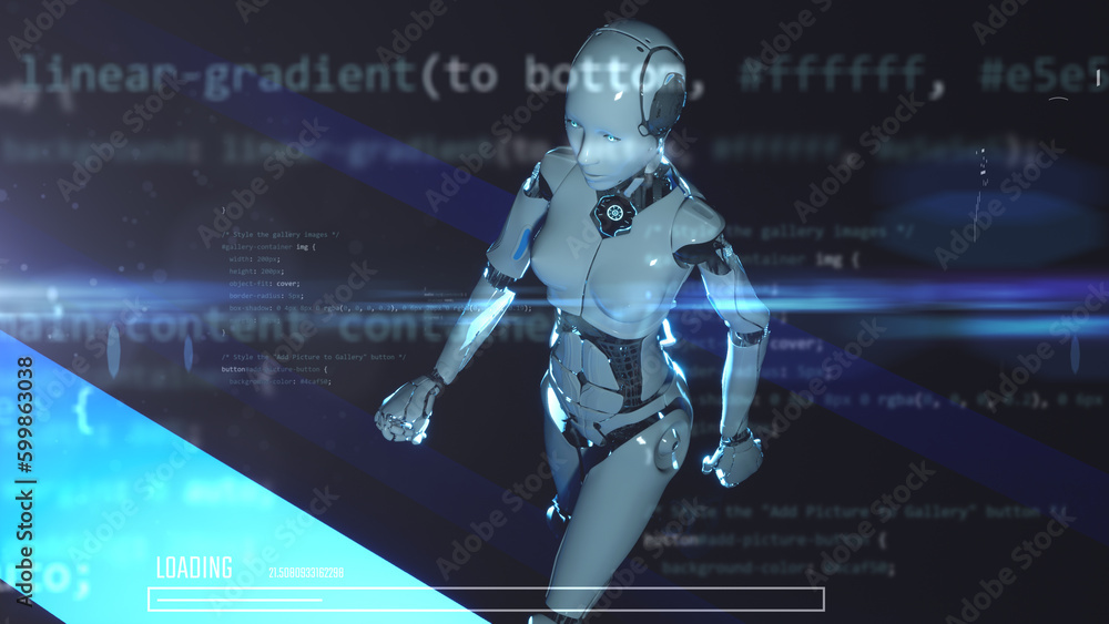  3d illustration of female robot humanoid walking artificial intelligence operator data analysing scifi modern background