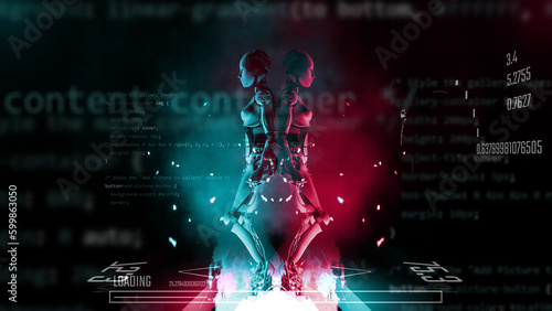 3d illustration of female robots standing with choice of right or wrong site standing. Magenta red and blue neon and digital fire