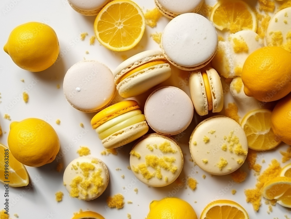 Close up colorful macaron,fresh yellow lemons, sour lime flavors and sweet French macarons sandwich cookies, di-cut image on white background, Generative AI Close up colorful macaron,fresh yellow lemons, sour lime flavors and sweet French macarons sandwich cookies, di-cut image on white background, Generative AI