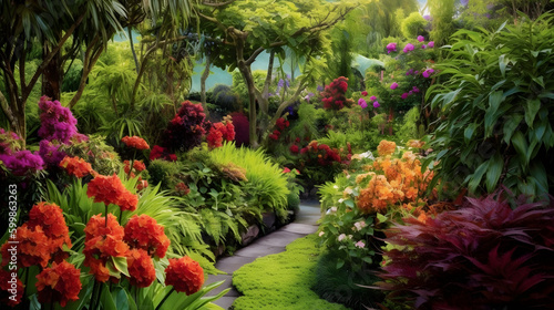 A lush green garden with various types of colorful blooming plants creating a picturesque view © VirtualCreatures