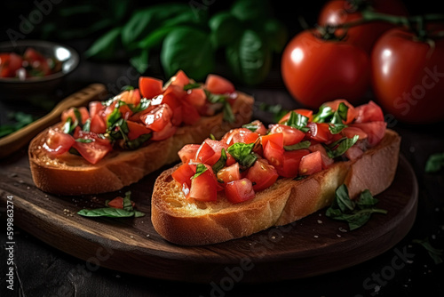 A italian food tomato and basil bruschetta bread on a wooden cutting board created with Generative AI technology