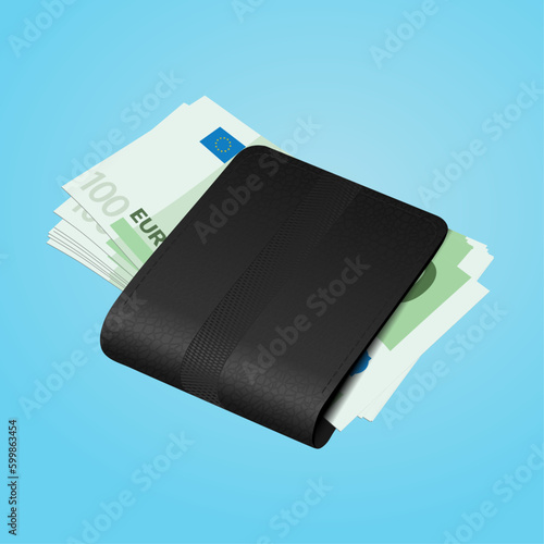 Vector illustration of black leather wallet with EUR euro currency on light blue gradient background, suitable for personal finance, budgeting and e-commerce concepts