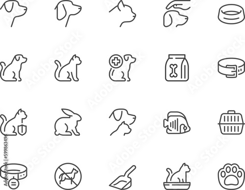 Pets. Veterinary medicine and animal care. Dog, cat, aquarium fish, rabbit. Vector line icons set. Editable stroke. Pixel perfect.