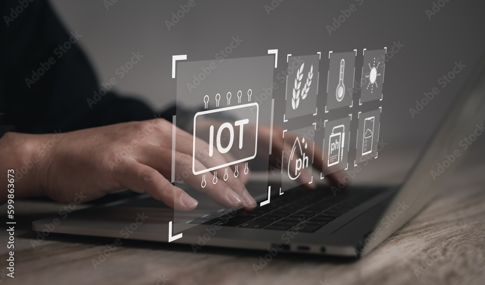 Naklejka premium Internet of things (iot) with Smart Farming to develop modern agriculture for Information Technology Integration concept. : businessman is using a computer to control his farm through the Internet. 