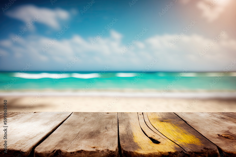 Wooden board with blur beach and sea