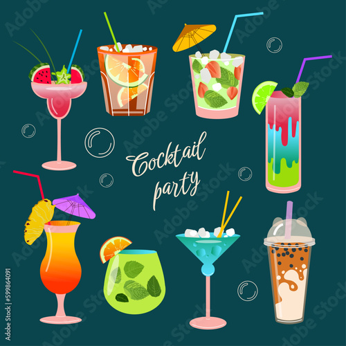 Trendy set of summer cocktails. Refreshing drinks with ice cubes, berries, fruits. Popular cocktails for menu design, posters, brochures for cafes, bars.