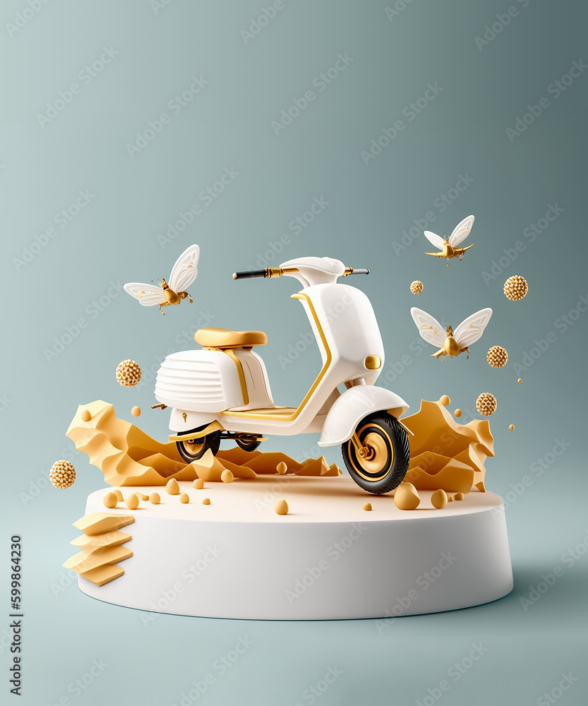 A scooter with a white and gold trim and a bee on it. Generative Ai Stock  Illustration | Adobe Stock