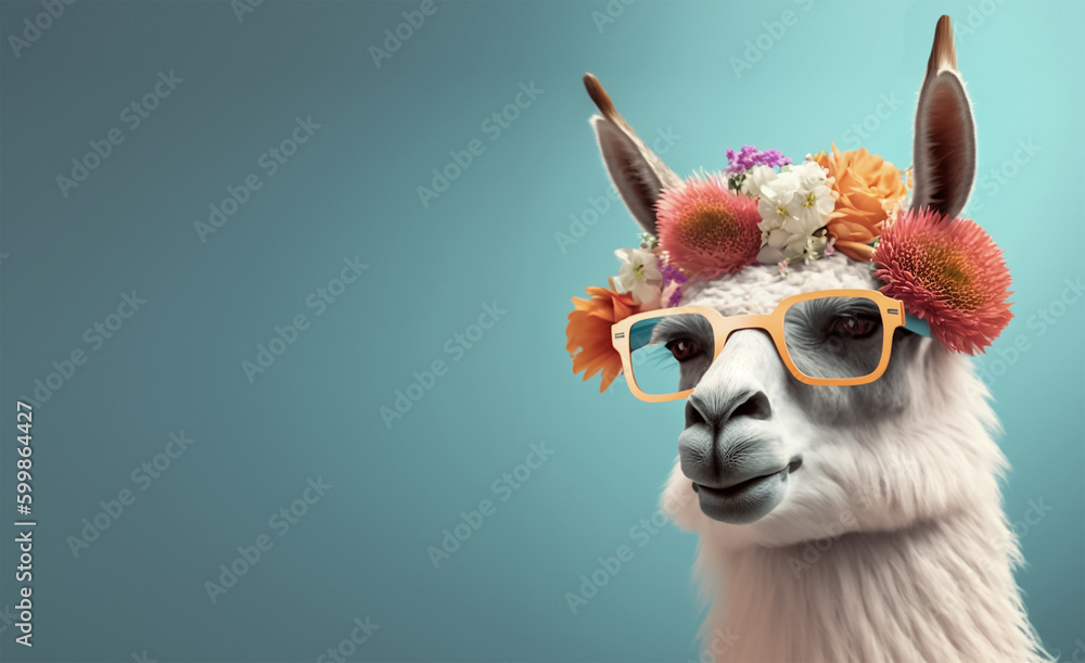 A llama wearing a flower crown and glasses. Generative Ai