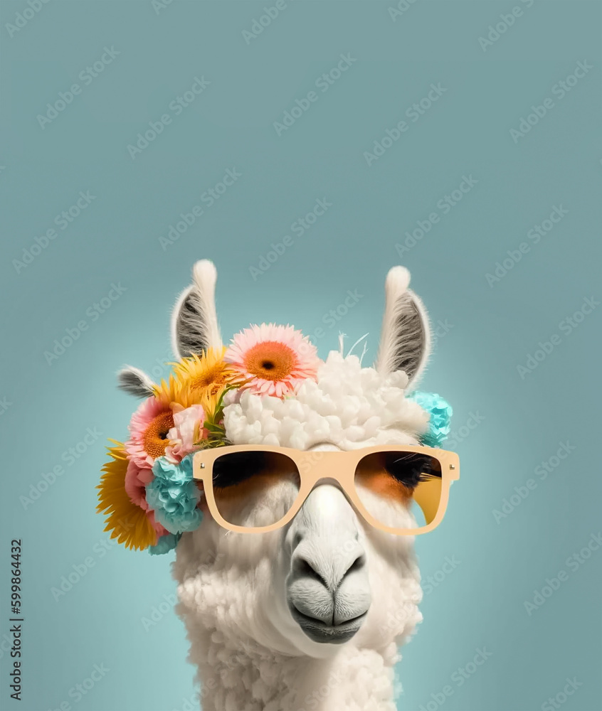 A white llama with a flowered headband and sunglasses.  Generative Ai