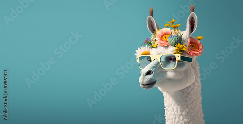 A llama wearing a flower crown and sunglasses. Generative Ai