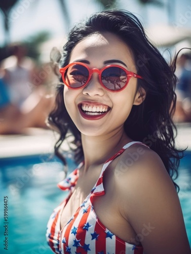 Laughing Woman Wearing Sunglasses and Red and White Shirt with Blue Stars at Pool Party Photorealistic Illustration [Generative AI] © Visionarily