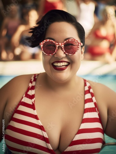 Laughing Woman With Striped Swimsuit and Short Black Hair at Pool Party Photorealistic Illustration [Generative AI] © Visionarily