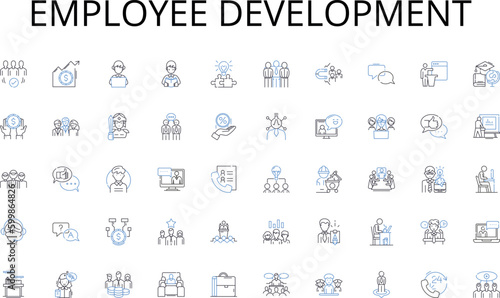 Employee development line icons collection. Presentation, Workshop, Conference, Discussion, Lecture, Keynote, Panel vector and linear illustration. Debate,Colloquium,Roundtable outline signs set