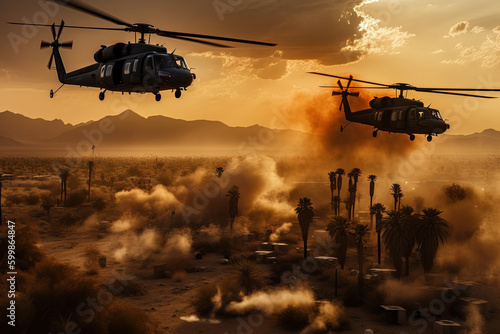 Two military helicopters flying over a palm tree-filled desert during a conflict created with Generative AI technology