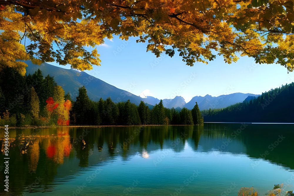 Emerald lakes and mountains in early autumn created with generative AI technology Emerald lakes and mountains in early autumn created with generative AI technology