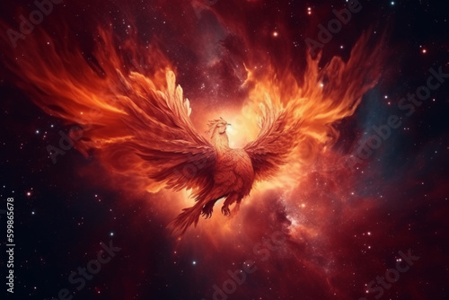 Fire phoenix bird in space background. Generative AI © Rytis
