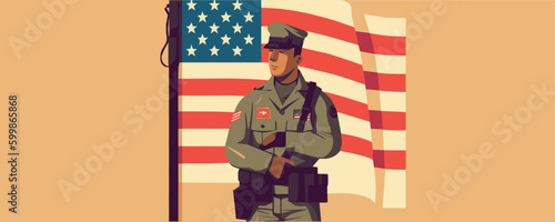 Vector of a patriotic soldier saluting in front of an American flag on Independence Day